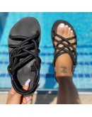 Large Size Women Sandals  Summer Flat Women's Shoes Black Hemp Rope Set Foot Beach Sandals Outdoor All-match Casual Slippers