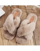  Women Warm Fluffy Slippers Cozy Faux Fur Cross Indoor Floor Slides Flat Soft Furry Ladies Female Celebrities Flip Flops