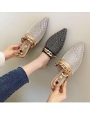 Classic Slippers Female 2023 Metal Chain Rhinestone Shiny Bling Flats Sandals Slip-on Evening Party Slides Shoes Silver Pumps 43