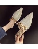 Classic Slippers Female 2023 Metal Chain Rhinestone Shiny Bling Flats Sandals Slip-on Evening Party Slides Shoes Silver Pumps 43