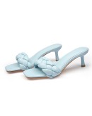 miaoguan  Woven High Heel Women Slides Square Toe  Women Sandals Blue Cute Heels Slippers Shoes for Women Sandals