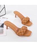 miaoguan  Woven High Heel Women Slides Square Toe  Women Sandals Blue Cute Heels Slippers Shoes for Women Sandals