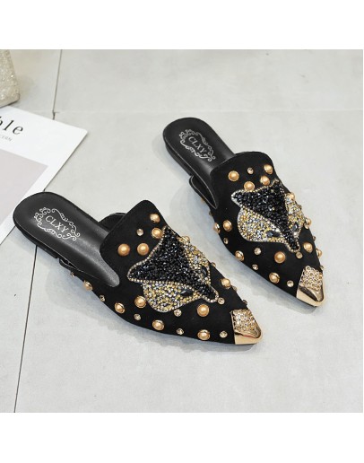 Women Shoe  String-bead Pointed Rhinestone Rivet Flats Woman's Slippers Slip-On Mules Loafer Sandals Slides Ladies Shoes