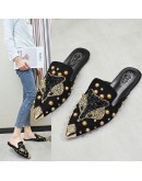 Women Shoe  String-bead Pointed Rhinestone Rivet Flats Woman's Slippers Slip-On Mules Loafer Sandals Slides Ladies Shoes