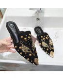 Women Shoe  String-bead Pointed Rhinestone Rivet Flats Woman's Slippers Slip-On Mules Loafer Sandals Slides Ladies Shoes