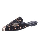 Women Shoe  String-bead Pointed Rhinestone Rivet Flats Woman's Slippers Slip-On Mules Loafer Sandals Slides Ladies Shoes