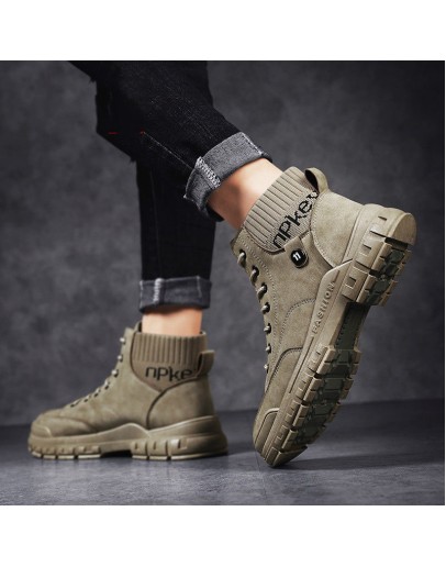 Leather Men Boots Handmade Ankle Boots Khaki Outdoor Autumn Boots Men Casual Leather Shoes Spring Winter Vintage bootspo890