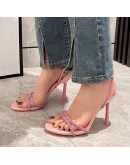 Shiny Crystal Summer Thin Heeled Sandals Womens 2023 Ankle Straps High Heels Pumps Woman Plus Size 42 Pink Party Shoes Woman