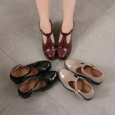  Women Pumps Black High Heels Lady Leather Thick with Lolita England Spring Summer Pointed Single Shoes Female Sandals 34-41