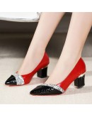 miaoguan  Square Heel Pointed Toe High Heels Pure Slip-On PU Leather Sexy Classic Zapatos De Mujer Shoes for Women