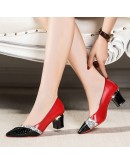 miaoguan  Square Heel Pointed Toe High Heels Pure Slip-On PU Leather Sexy Classic Zapatos De Mujer Shoes for Women