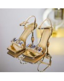 Gold Silver High Heels Sandals Women 2023 Summer Square Toe Shiny Crystal Sandals Woman Ankle Straps Thin Heel Party Pumps Shoes