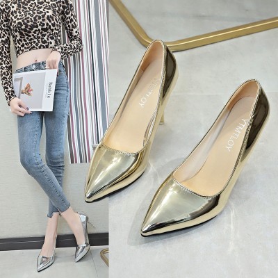 2023 Champagne Women Glossy Patent Extremely 9cm High Heels Pointed Toe Slip on Stiletto Pums Solid Formal Dress Shoes Plus