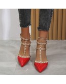 Women's Shoes Rivets Sandals Female Summer Thick with Fine with High-heel Red Pointed Stiletto Sexy Nightclub Shoes Buckle Strap