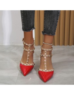 Women's Shoes Rivets Sandals Female Summer Thick with Fine with High-heel Red Pointed Stiletto Sexy Nightclub Shoes Buckle Strap