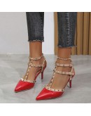 Women's Shoes Rivets Sandals Female Summer Thick with Fine with High-heel Red Pointed Stiletto Sexy Nightclub Shoes Buckle Strap