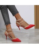 Women's Shoes Rivets Sandals Female Summer Thick with Fine with High-heel Red Pointed Stiletto Sexy Nightclub Shoes Buckle Strap