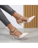 Women's Shoes Rivets Sandals Female Summer Thick with Fine with High-heel Red Pointed Stiletto Sexy Nightclub Shoes Buckle Strap