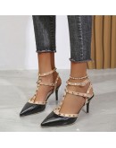 Women's Shoes Rivets Sandals Female Summer Thick with Fine with High-heel Red Pointed Stiletto Sexy Nightclub Shoes Buckle Strap