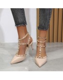 Women's Shoes Rivets Sandals Female Summer Thick with Fine with High-heel Red Pointed Stiletto Sexy Nightclub Shoes Buckle Strap