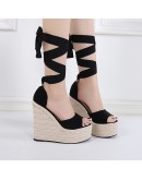 Women Summer Butterfly Knot Solid Black Open Toe Sandals  Platform High Heels Wedge Shoes Ankle Bowtie Dress Shoes 35~42