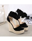 Women Summer Butterfly Knot Solid Black Open Toe Sandals  Platform High Heels Wedge Shoes Ankle Bowtie Dress Shoes 35~42