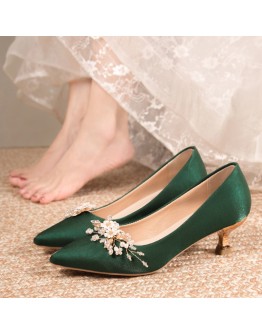 Flowers Pointed Toe Pumps for Women 2023 Green Silk Low Heels Shoes Woman Slip on Thin Heeled Lady Shoes Green Party Shoes