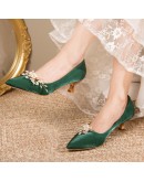 Flowers Pointed Toe Pumps for Women 2023 Green Silk Low Heels Shoes Woman Slip on Thin Heeled Lady Shoes Green Party Shoes