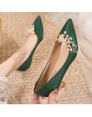 Flowers Pointed Toe Pumps for Women 2023 Green Silk Low Heels Shoes Woman Slip on Thin Heeled Lady Shoes Green Party Shoes