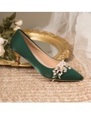 Flowers Pointed Toe Pumps for Women 2023 Green Silk Low Heels Shoes Woman Slip on Thin Heeled Lady Shoes Green Party Shoes