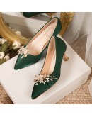 Flowers Pointed Toe Pumps for Women 2023 Green Silk Low Heels Shoes Woman Slip on Thin Heeled Lady Shoes Green Party Shoes