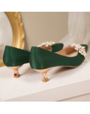 Flowers Pointed Toe Pumps for Women 2023 Green Silk Low Heels Shoes Woman Slip on Thin Heeled Lady Shoes Green Party Shoes