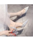 Bling High Heels Pumps Woman Elegant Crystal Strap Square Heels Wedding Shoes Women Shining Pointed Toe Clear Heel Sandals 32-42