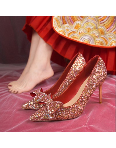 Shiny Sequins High Heels Pumps Women 2023 Crystal Bowtie Thin Heeled Wedding Party Shoes Woman  Pointed Toe Red Pumps