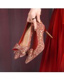 Shiny Sequins High Heels Pumps Women 2023 Crystal Bowtie Thin Heeled Wedding Party Shoes Woman  Pointed Toe Red Pumps