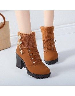 Spring Winter Women's Pumps Boots High  Lace-up European Ladies Shoes PU High Heels Boots Elegant Mid Heel Round Head