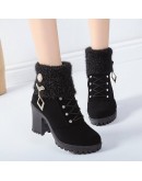 Spring Winter Women's Pumps Boots High  Lace-up European Ladies Shoes PU High Heels Boots Elegant Mid Heel Round Head