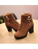 Spring Winter Women's Pumps Boots High  Lace-up European Ladies Shoes PU High Heels Boots Elegant Mid Heel Round Head