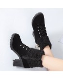 Spring Winter Women's Pumps Boots High  Lace-up European Ladies Shoes PU High Heels Boots Elegant Mid Heel Round Head