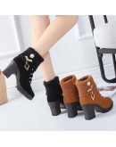 Spring Winter Women's Pumps Boots High  Lace-up European Ladies Shoes PU High Heels Boots Elegant Mid Heel Round Head