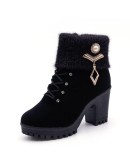 Spring Winter Women's Pumps Boots High  Lace-up European Ladies Shoes PU High Heels Boots Elegant Mid Heel Round Head