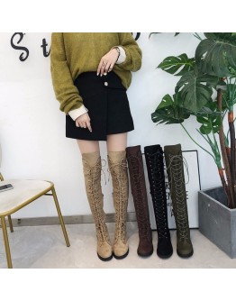 Women's Long Boots Large Women Shoes Thick Heel Lace Up High Heel Round Head Casual Knight Boots Thigh High Boots