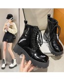 Lace Up Women Boots Medium Heeled White  Boots Thick Heeled Patent Leather Medium Sleeved Platform Boots Women Shoes