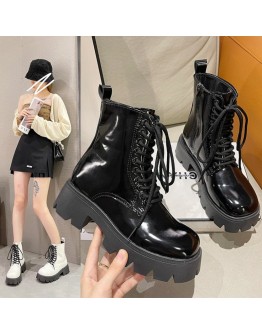 Lace Up Women Boots Medium Heeled White  Boots Thick Heeled Patent Leather Medium Sleeved Platform Boots Women Shoes