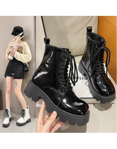 Lace Up Women Boots Medium Heeled White  Boots Thick Heeled Patent Leather Medium Sleeved Platform Boots Women Shoes