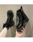 Lace Up Women Boots Medium Heeled White  Boots Thick Heeled Patent Leather Medium Sleeved Platform Boots Women Shoes