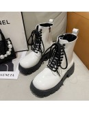 Lace Up Women Boots Medium Heeled White  Boots Thick Heeled Patent Leather Medium Sleeved Platform Boots Women Shoes