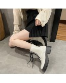 Lace Up Women Boots Medium Heeled White  Boots Thick Heeled Patent Leather Medium Sleeved Platform Boots Women Shoes