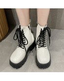 Lace Up Women Boots Medium Heeled White  Boots Thick Heeled Patent Leather Medium Sleeved Platform Boots Women Shoes