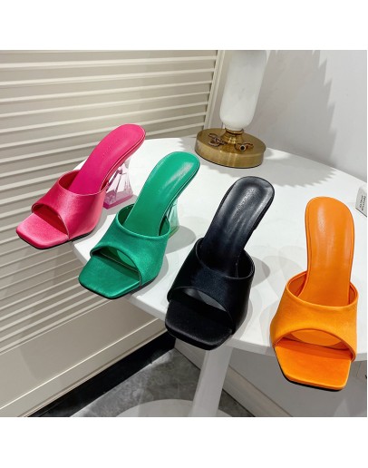 Female Crystal High Heels Slippers  Peep Toe Casual Slides Flip Flops Shoes Women  Pumps Ladies Sandals For Woman